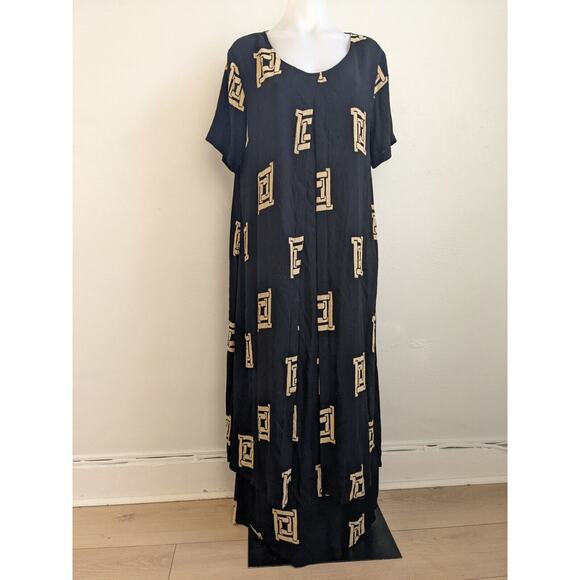 Vintage Krisa Medium Overlay Maxi Dress Black Tan Windowpane Short Sleeves Boho - Picture 4 of 15